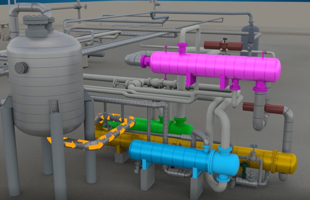 Ammonia plant equipment and processes illustrated with four bright colors from TTP 3D animated training course.