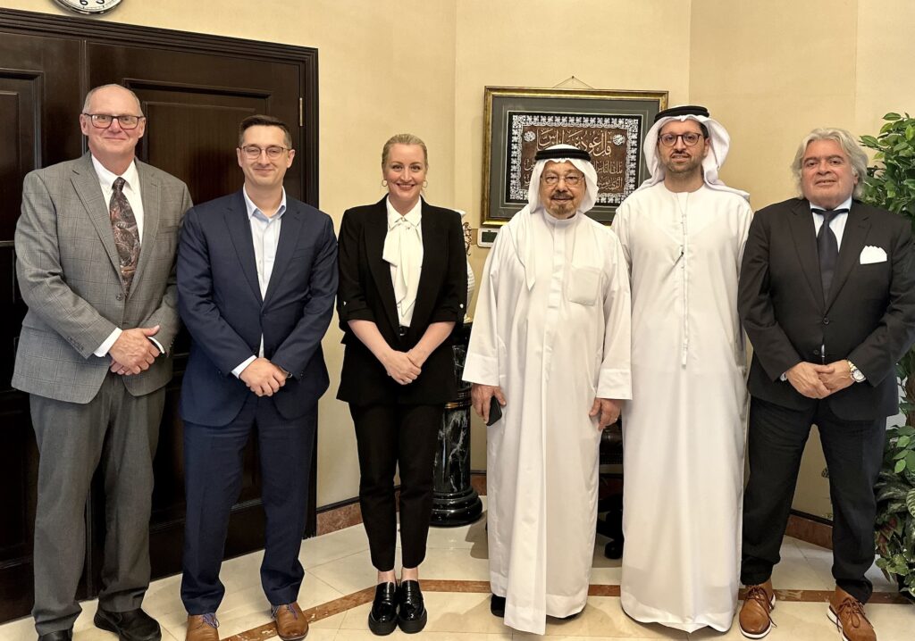 Pictured left to right - TTP Team: Ken Daycock VP of Business Development, Blake Uhlenhake COO and Kelsey Gamble CEO - UETMC Team: Ali M. Al Shorafa Al Hammadi Chairman and CEO of UEG, Ahmed Ali Al Shorafa Al Hammadi Managing Director of UEG, Ayman Meneassy Vice Chairman of UEG.