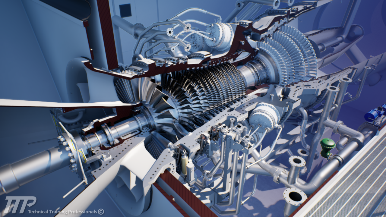 7HA gas turbine model used in a power plant workforce readiness program, showing key components and systems for technician training in modern power plant operations.